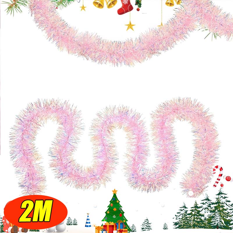 Tinsel Garland Decoration - Metallic Tinsel Garland Rainbow Colorful Pink